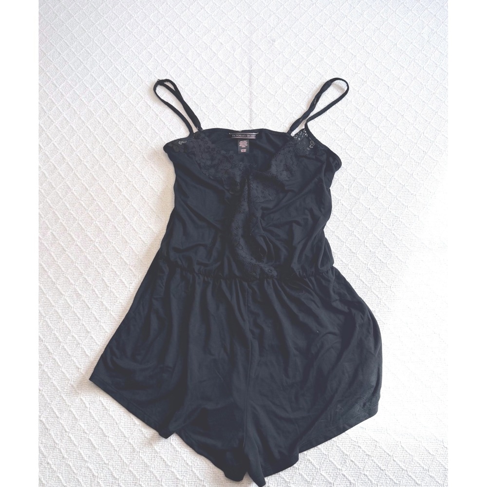 Victoria's Secret Black Lace Trim Romper Sleepwear Small 364244-093